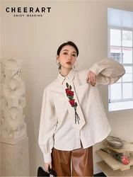 CHEERART Texture Embroidery Rose Vintage Long Sleeve Shirt For Women 2022 Fall Fashion Lantern Sleeve Top And Blouse Desinger