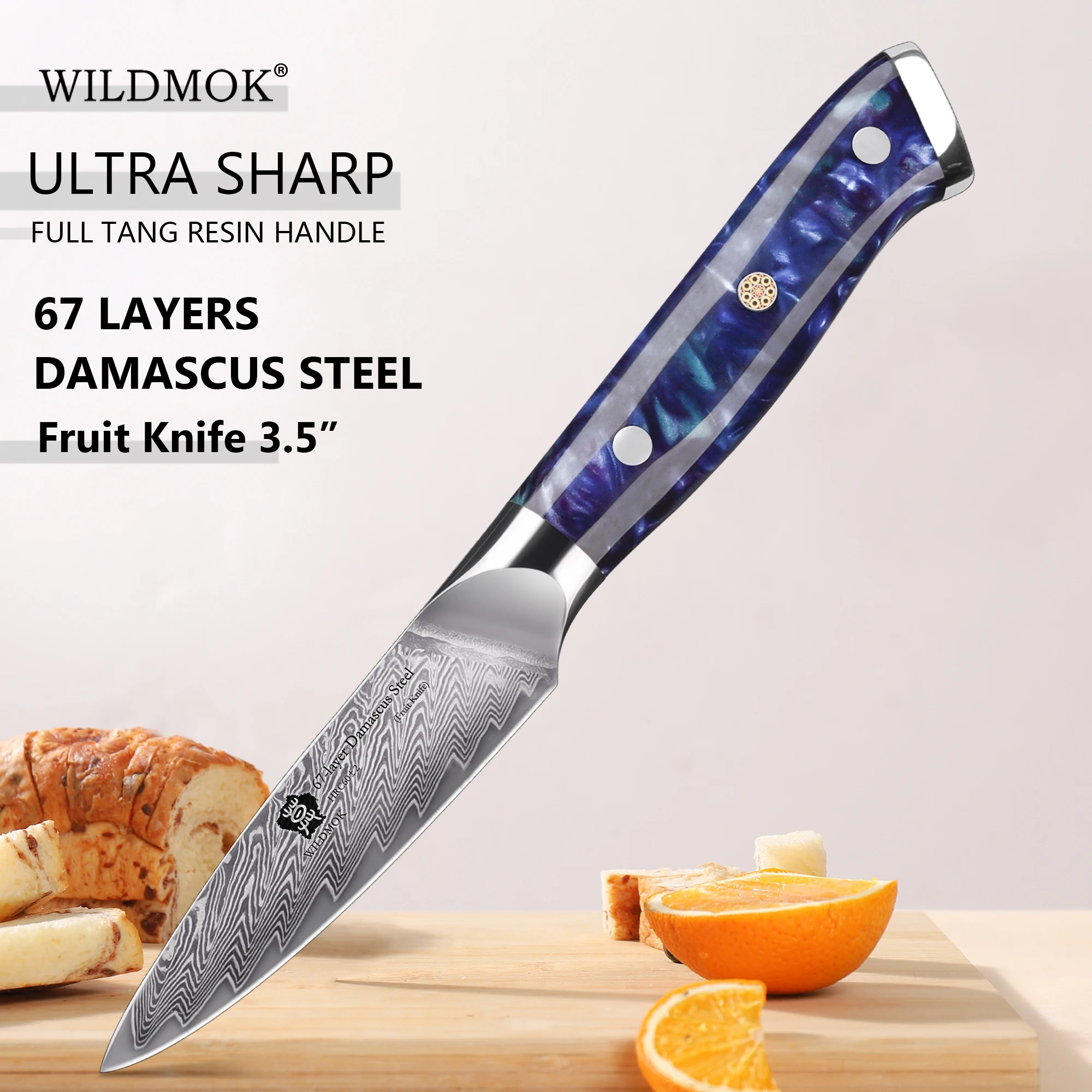 WILDMOK 3.5 Inch Damascus Steel Paring Knife Sharp Fruit Peeling Knife Premium Stabilized Resin Handle