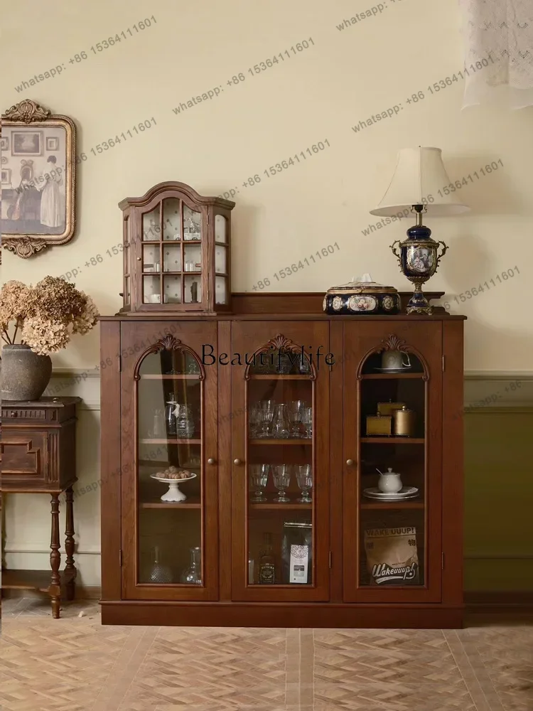 

French Style Solid Wood Sideboard Antique Solid Wood Carving Storage Cabinet Arch Glass Storage Cabinet