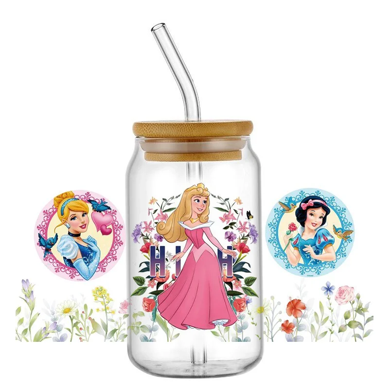 Miniso Disney Princess 16oz UV DTF Cup Wrap Cartoon Libbey Glass Beer Can Tumbler Transfer Sticker adesivo permanente impermeabile