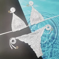 Solid Bikini Sexy Swimsuit Halter Swimwear Bathing Suit Women Bikini Set Beach Wear Shiny Bikni Sets
