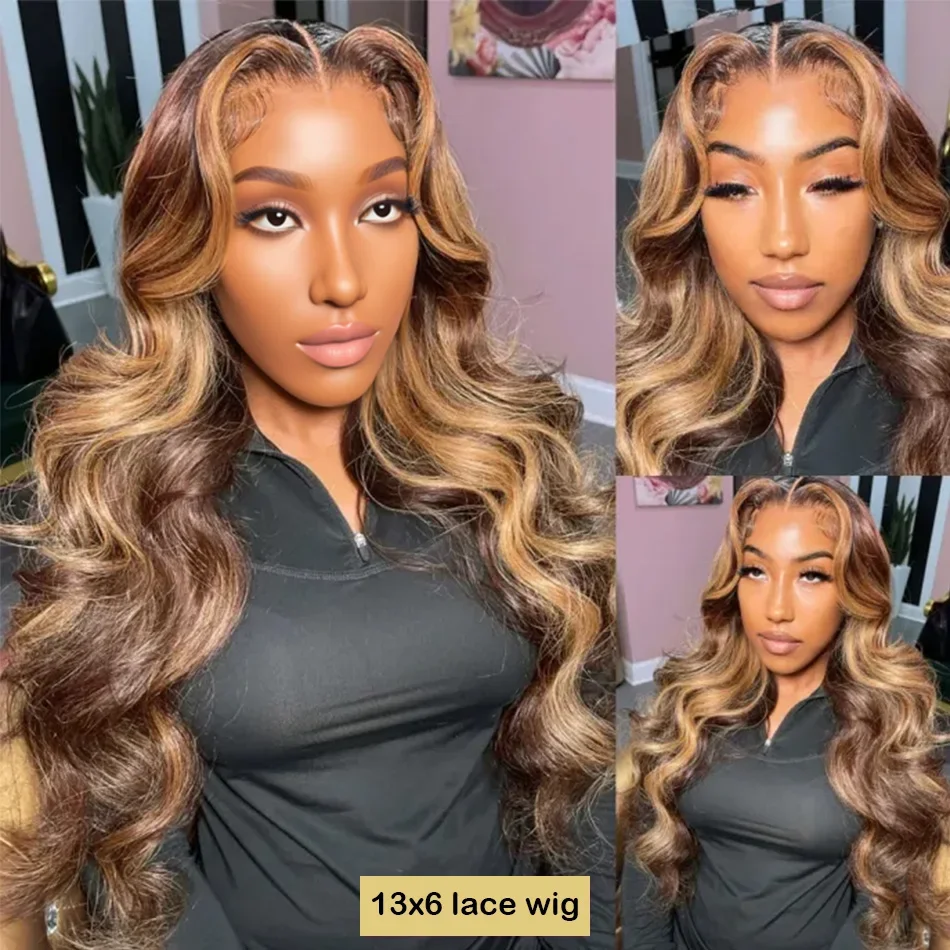 250 Density Highlight 13x4 HD Lace Front Body Wave Human Hair Wig Brazilian 4/27 Color Wigs 13x6 Transparent Lace Frontal Wig