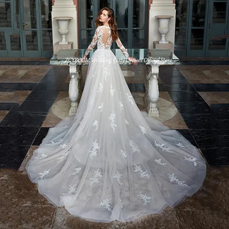 Customized O-Neck Long Sleeves Lace Appliques White Wedding Dress 2024 Mermaid Floor Length Detachable Sweep Train Bridal Gown