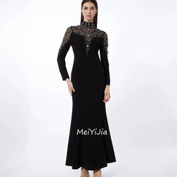 Meiyijia Evening Dress High-Neck Beaded Button Long Sleeves  A-Line Saudi Arabia Sexy Evening Birthday Club Outfits Summer 2024