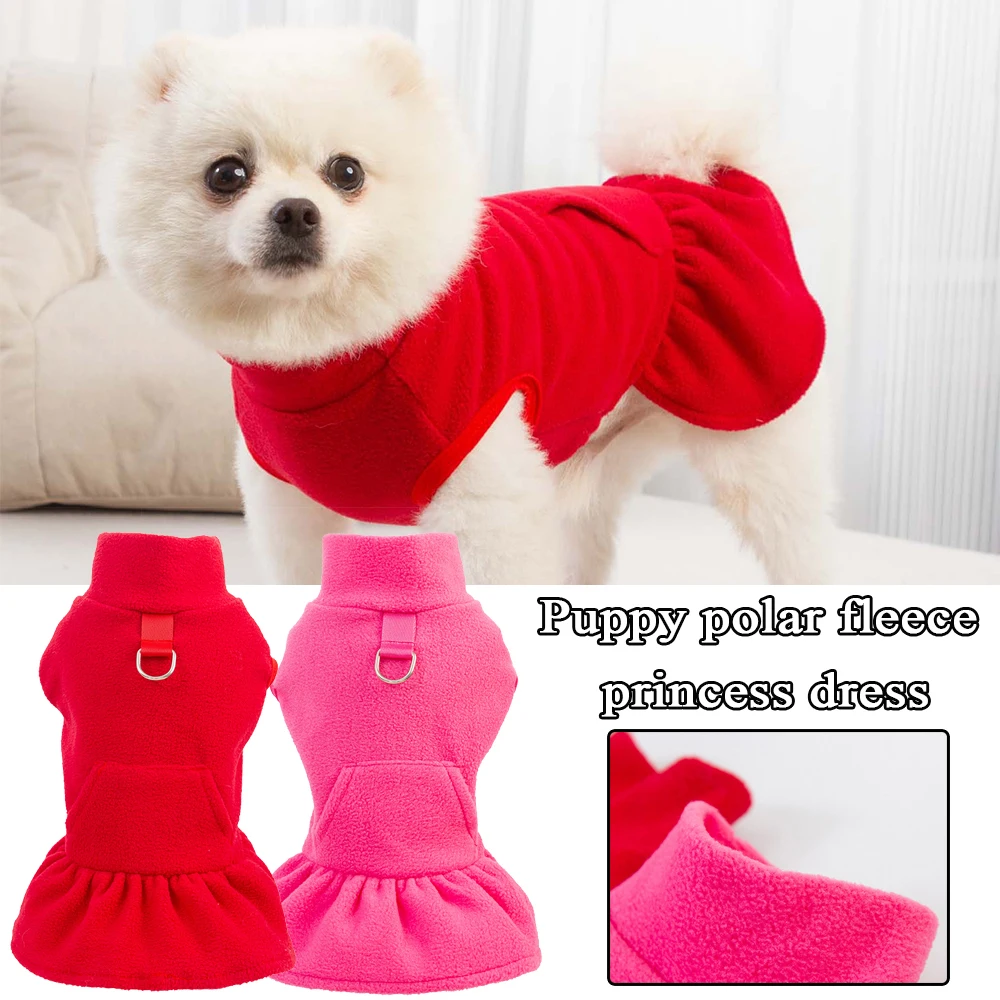 Lovely Pet Pullover Clothes Outfits with Tow Ring Collar Solid Dress Up Cotton Cute Dogs Pet Princess Dress for Outdoor Clothes