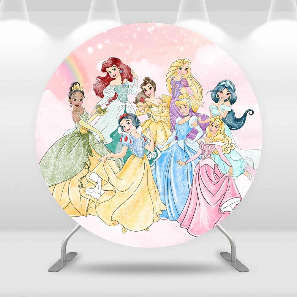 Watercolor Princess Round Backdrop Cover for Girl Birthday Party Decor Supplies Snow White Tiana Circle Background Table Baner