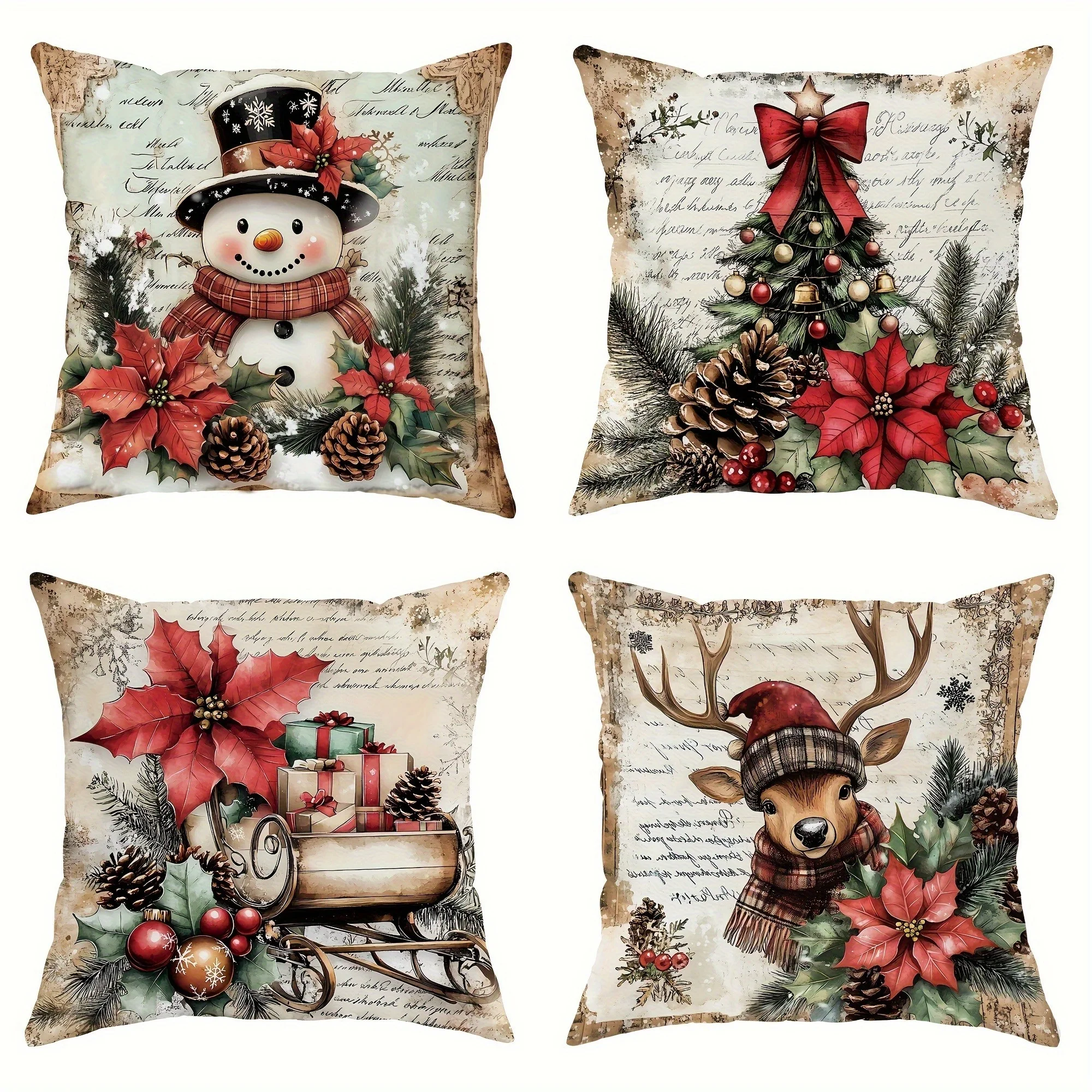 4pcs Festive Christmas Pillowcase Set Yeti Tree Carriage and Deer Design with Bramble and Bow Trim Zipper Polyester