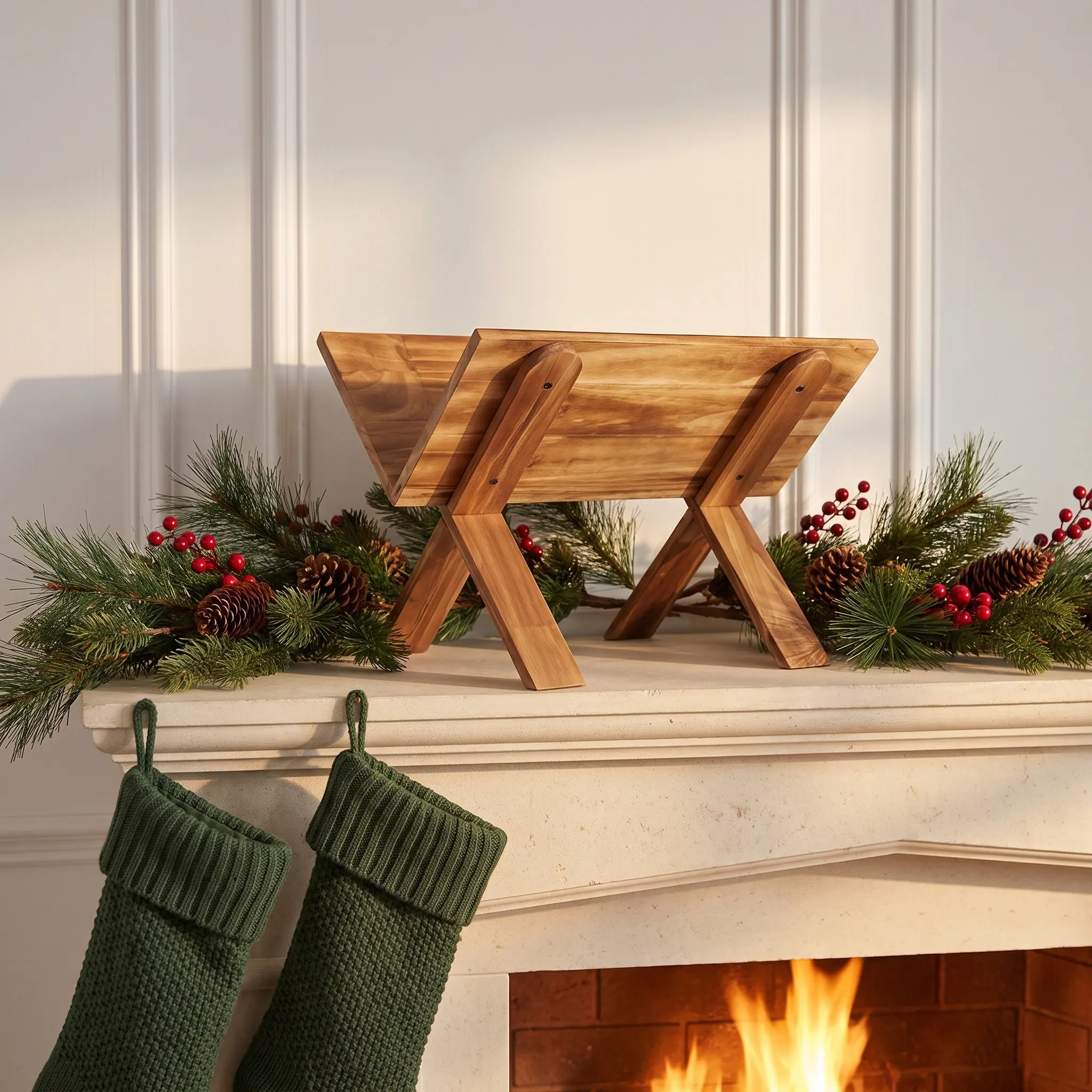 Wooden Nativity Scene Set – Rustic Handcrafted Christmas Manger Stable for Tabletop or Fireplace Display