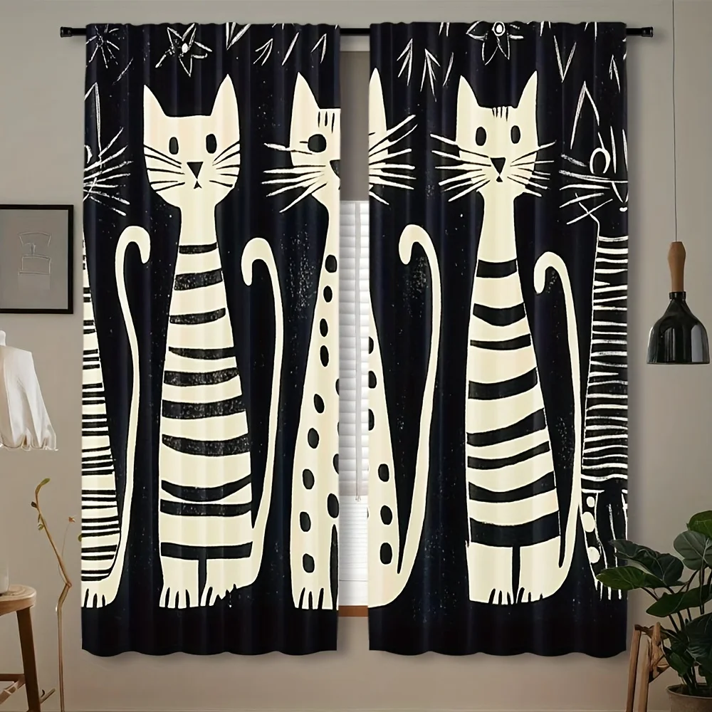 Abstract Striped Cat Rod Pocket Curtain Black Background White Tall Stripe Dot Cat Sketch Print Minimal Decor Living Bedroom