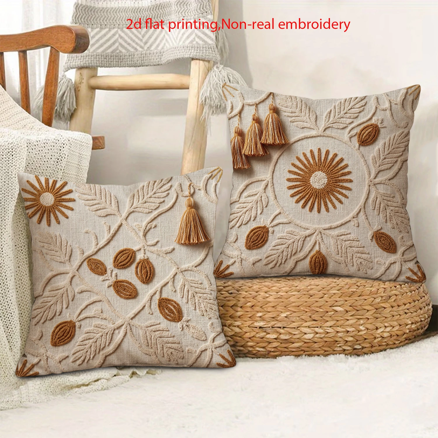 2pcs Boho Chic Floral Tassel Decorative Throw Pillow Covers for Couch Bed Sofa