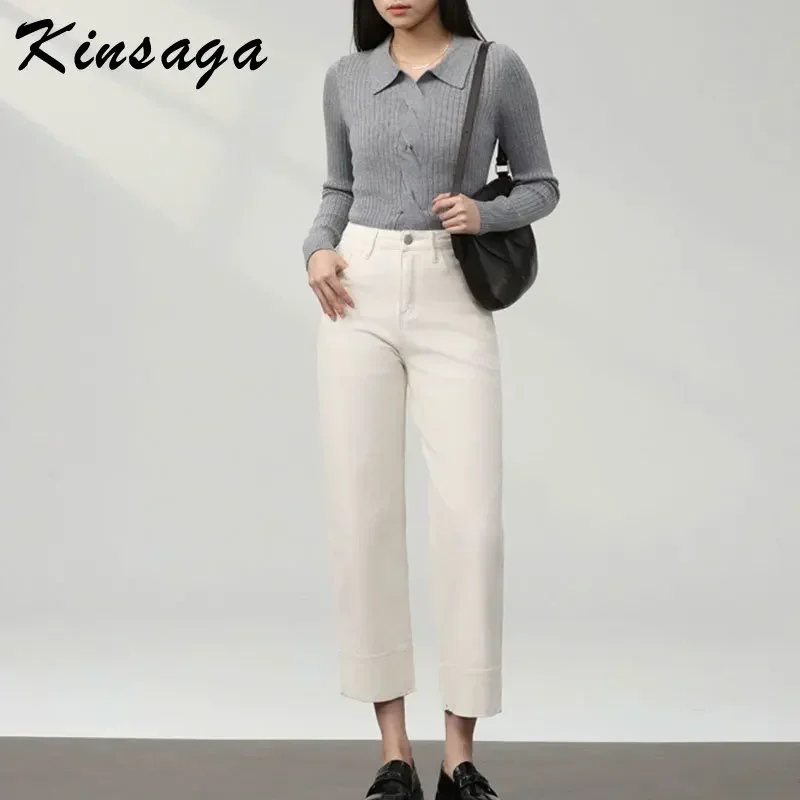 Kinsaga White High Waist Baggy Straight Leg Jeans Women Pear Shape Nine Point Smoke Pants Petite Girls Capris Jeans