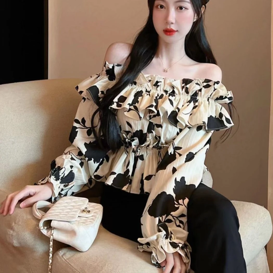 Blouses Women New Arrival Spring French Style Slash Neck Ruffles Floral All-match Ladies Sexy Sweet Ins College Skinny Clothing