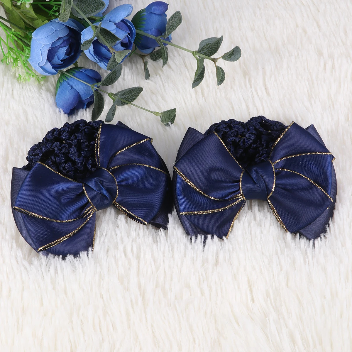 

2pcs Gold-edged Hair Snood Bun Cover Bowknot Net Red Blue Holders Durable Formal Office Summer Heat Protection