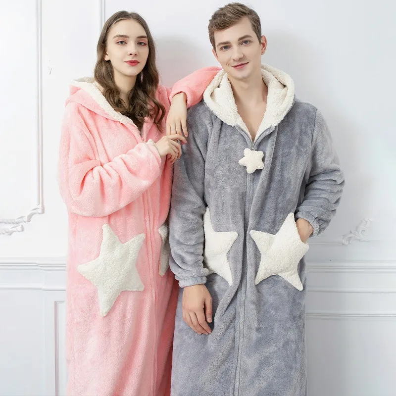 Coral Fleece Hooded Bathrobe Gown Thick Flannel Couple Long Robe Winter Warm Sleepwear Nightgown Thickened Loose Cute Home Wear