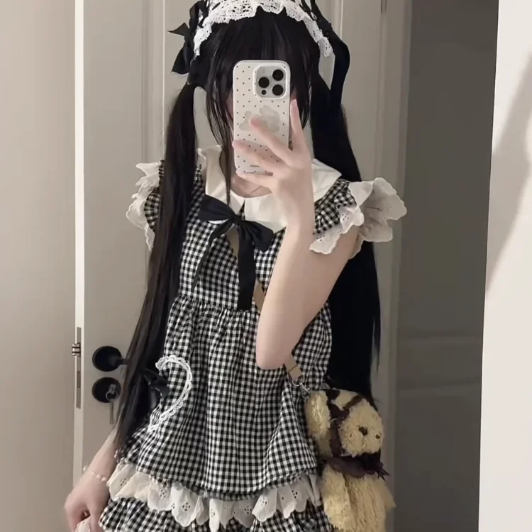 تحلق كم قميص عالية الخصر الدانتيل لصق منتفخ تنورة خمر فتاة لوليتا دمية الرقبة منقوشة 2025 مجموعة قطعتين مجموعات النساء sedf3 #4