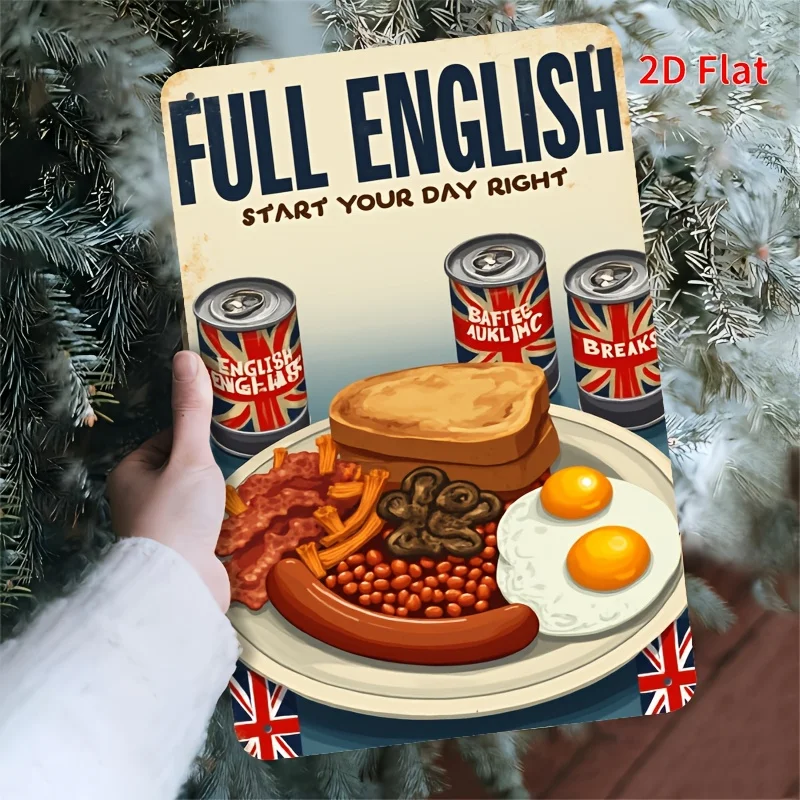 Letrero de hojalata vintage: herrajes. Un cartel de desayuno en inglés con "COMPLETO INGLÉS" y huevos fritos, tocino y salchichas. Decorado wi