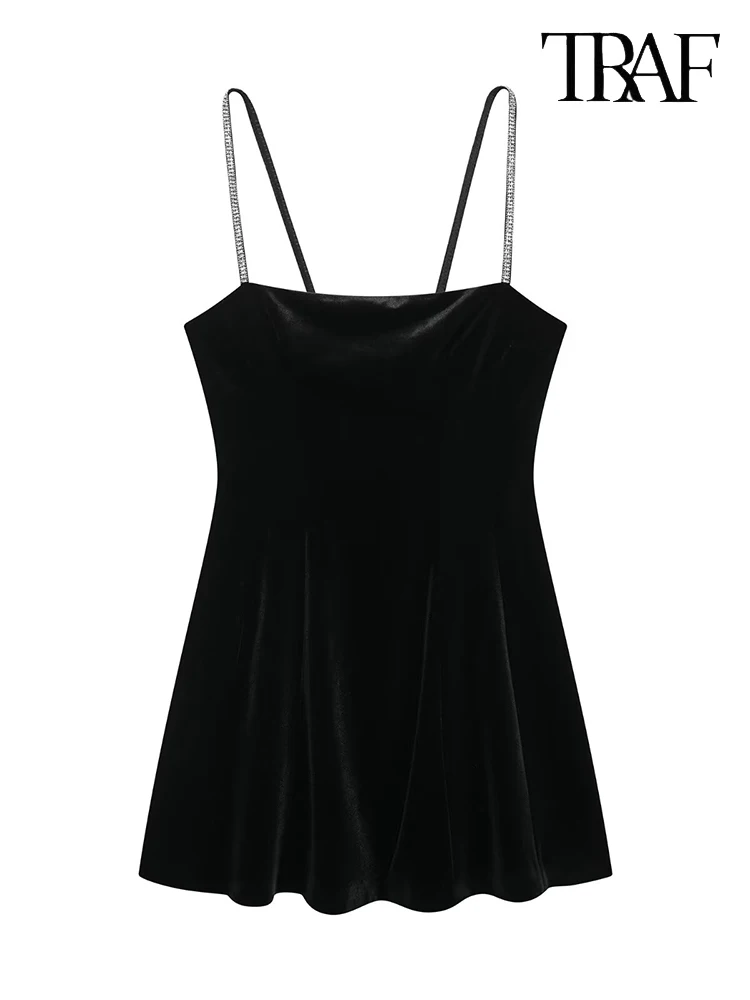 TRAF Women's Fashion 2024 Herbst und Winter Europa und die Vereinigten Staaten neue schwarze Samt Halfter kurzes Kleid rückenfrei sexy Slim Damen Abendessen Partykleider