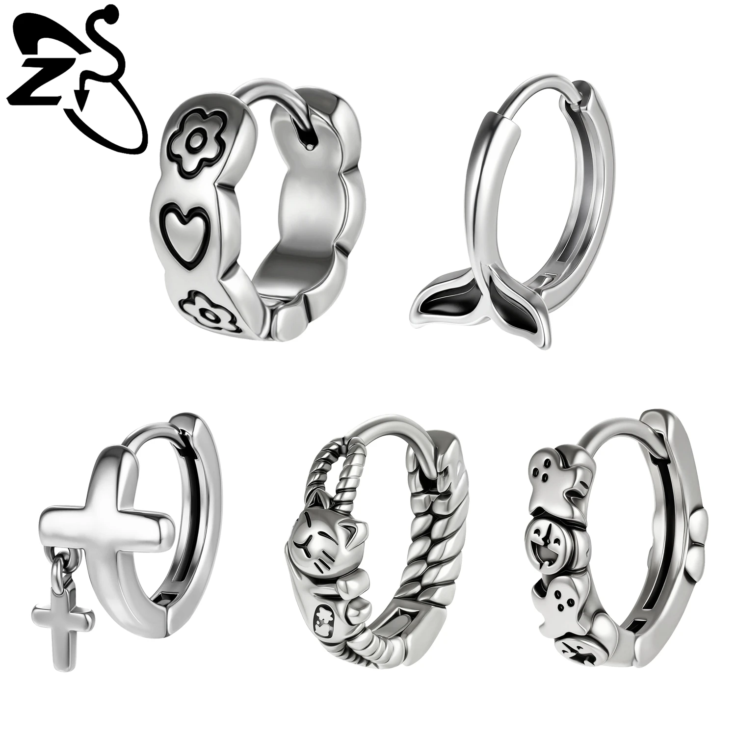 

ZS 1 Piece 18G Stainless Steel Hoop Earring Round Stud Earrings Punk Cat Ghost Shape Ear Studs Helix Cartilage Piercings Jewelry