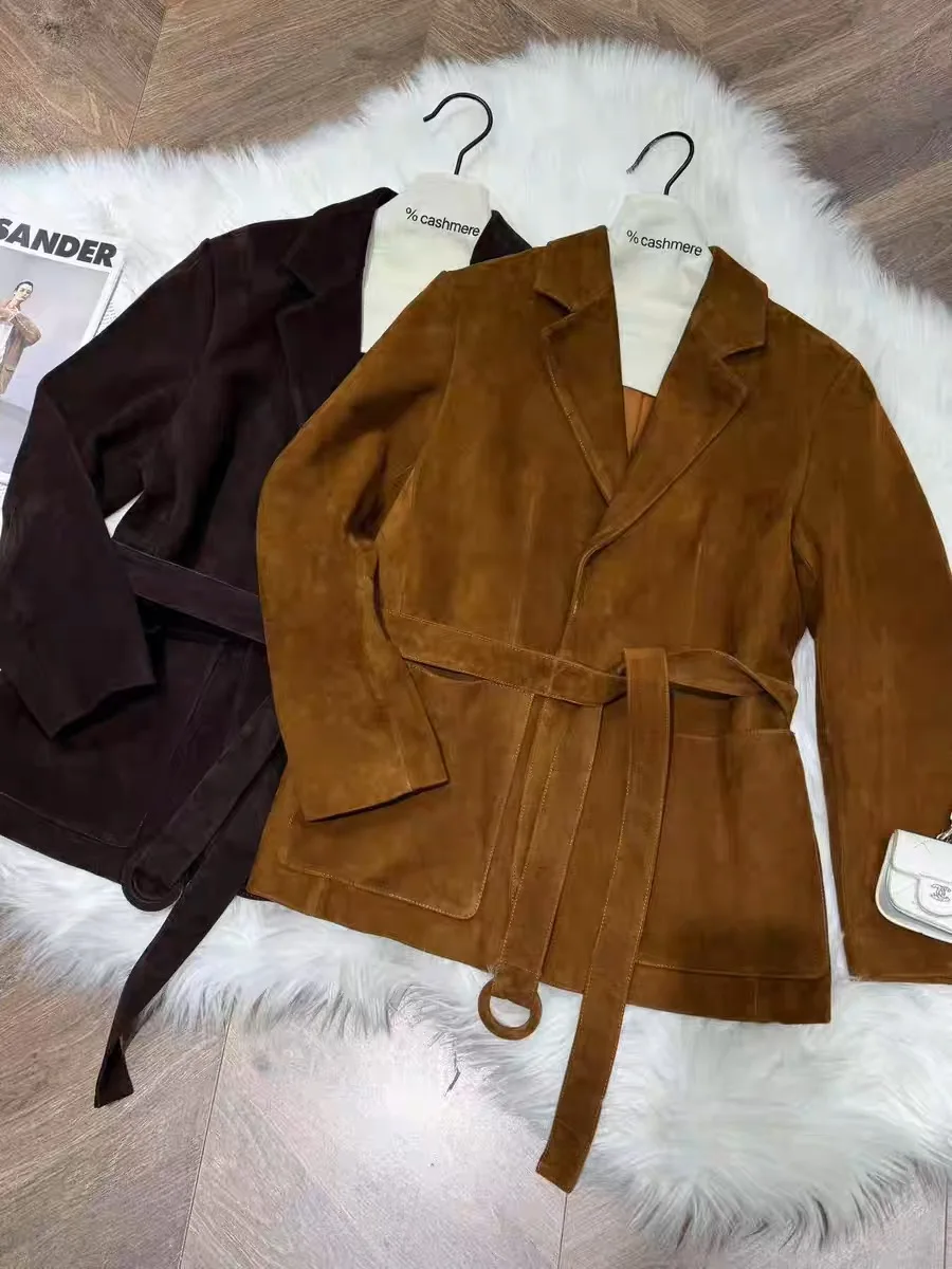 Retro High-end Kid Suede Leather Jacket for Woman Square Neck Single Breasted Long Coat with Waistband Female Outwears Chocolate