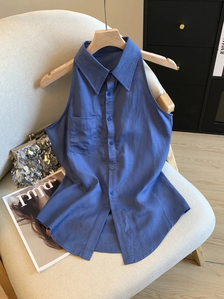 

Summer Women's Linen Shirt Sleeveless Shoulder Tapered Cool Feeling High Quality Guangzhou Thirteenth Factory Smoke Lord Style