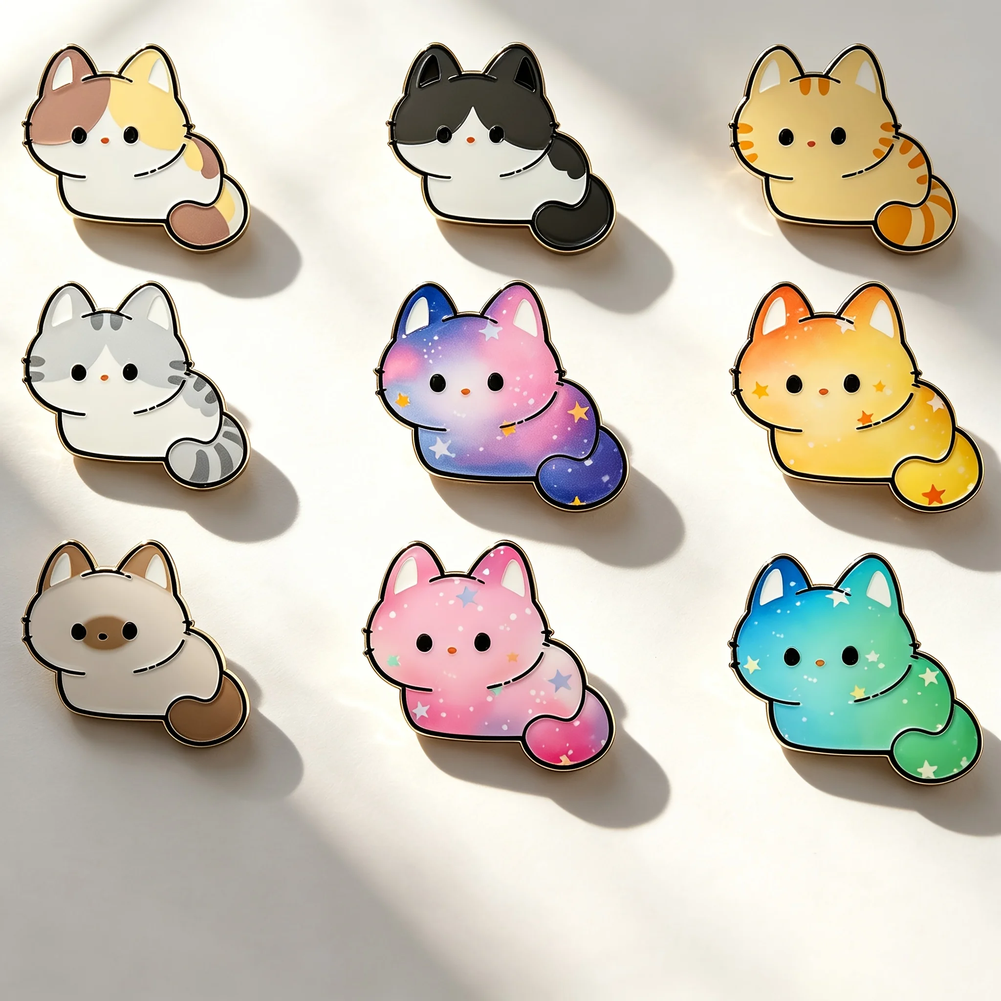 Cute Galaxy & Solid Color Kitten Enamel Pin Set, Cartoon Chubby Cat Gold Edge Brooches, Lovely Pet Metal Badges for Jackets