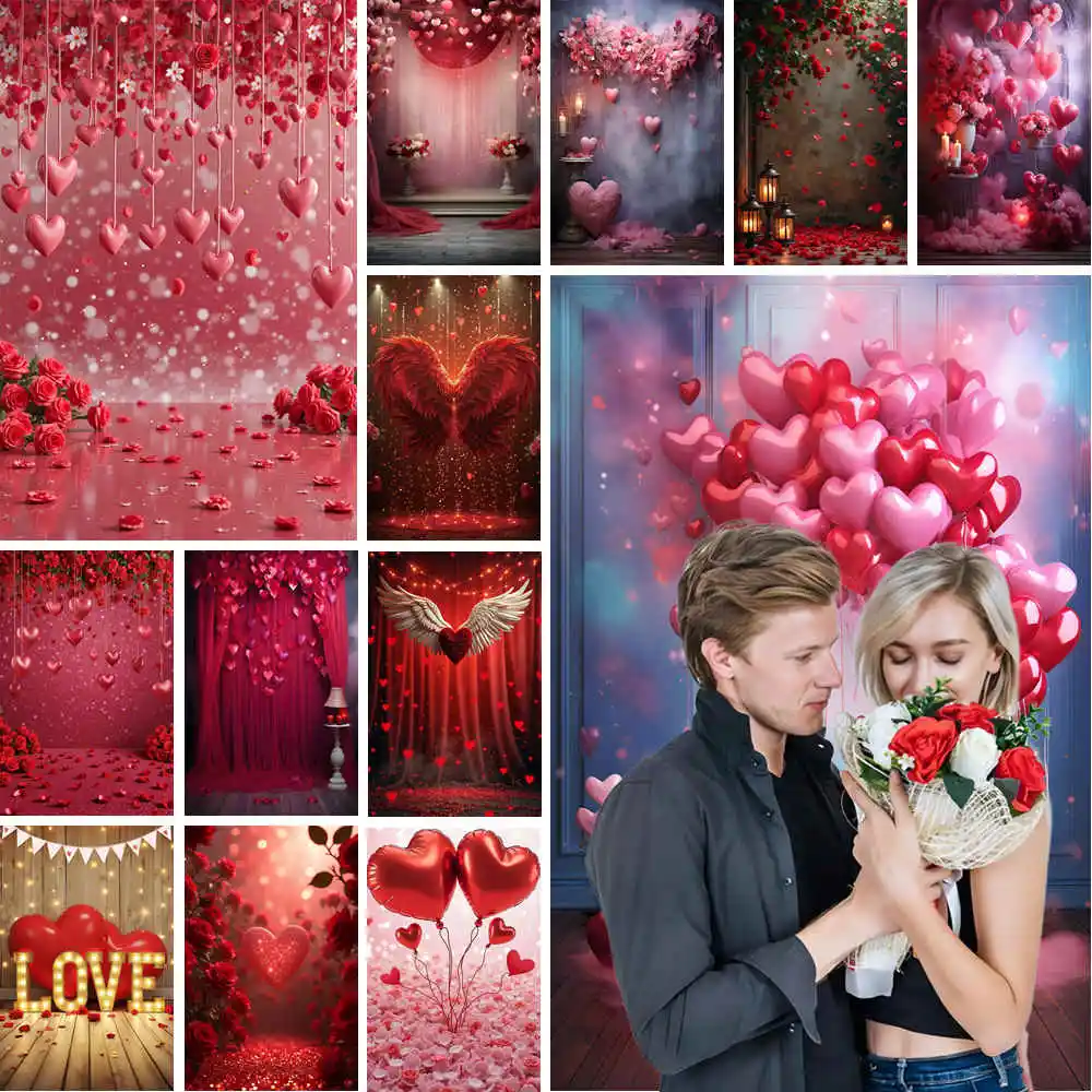 

MOON.QG Pink Valentine's Day Background Photography Love Balloon Romantic Scene Rose Wall Photozone Backdrop Baby Studio Props