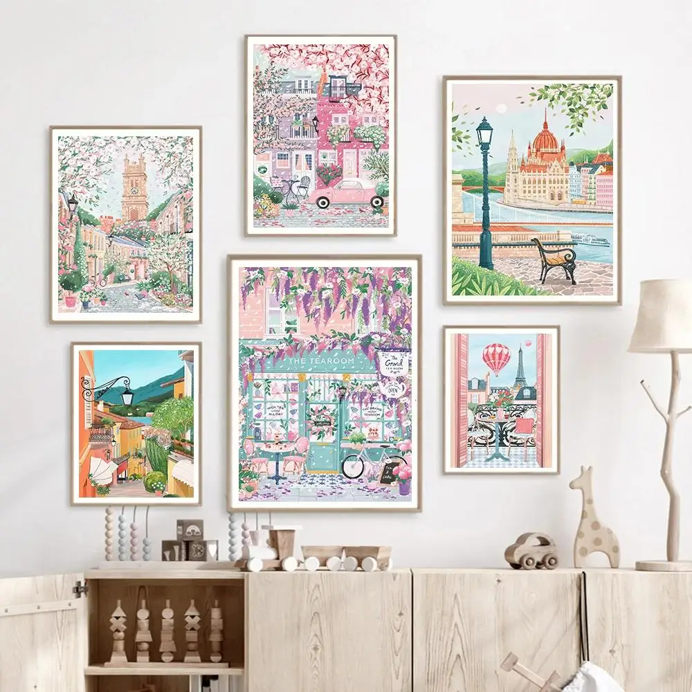 Póster de viaje vintage, arte de pared, París, Londres, Hungría, café y té, impresiones en lienzo para decoración del hogar y la Oficina