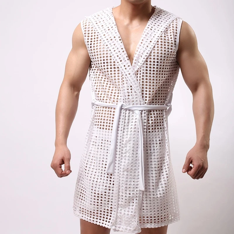 Men Mesh Robes Brand Sexy Men Bathrobe Sleepwear Short Sleeve Bath Robe Sleep Lounge (No Boxers)