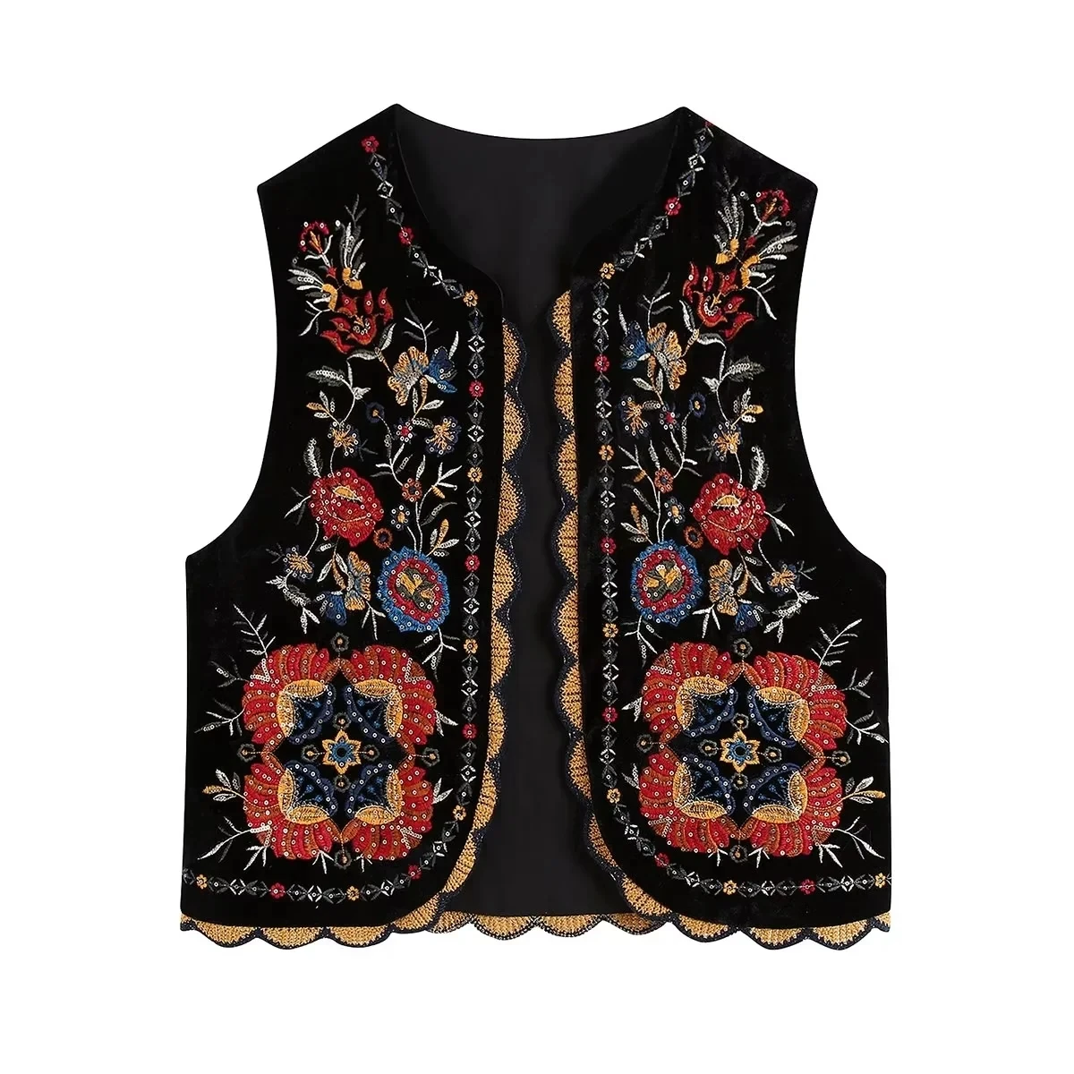 Fashionable Embroidered Velvet Vest Top Women's Pure Style S2827 Spring Autumn Season round Neck Single Button Closure