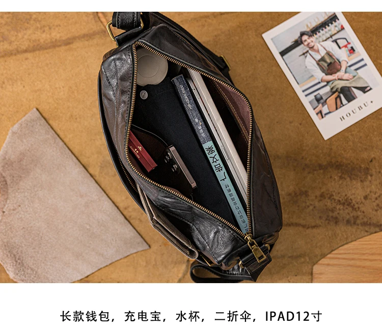 Outdoor casual first layer cowhide men's large-capacity crossbody bag vintage designer handmade genuine leather shoulder bag