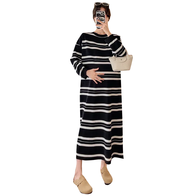 1056# 2023 Autumn Winter Strip Knitted Maternity Long Dress Oversize Loose Straight Clothes for Pregnant Women Casual Pregnancy