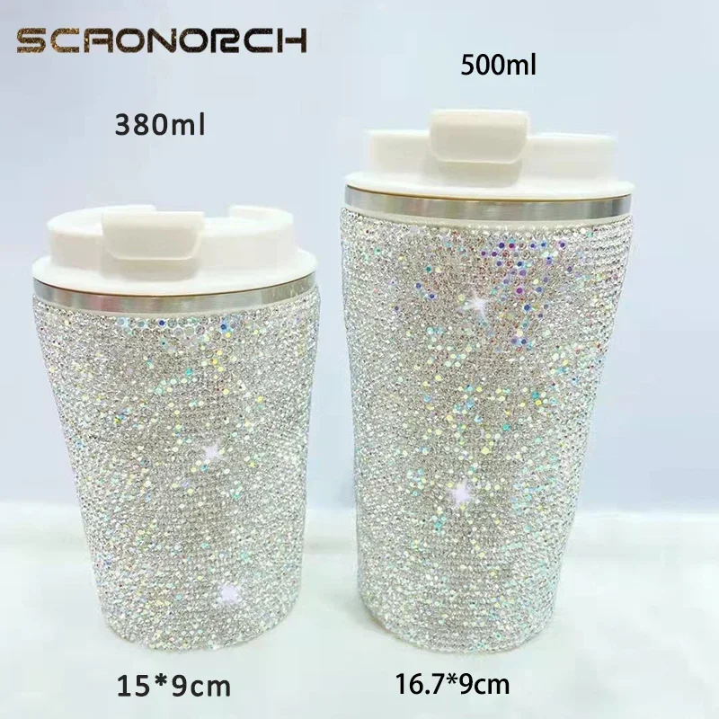 Sparkling Stainless Steel Insulated Crystal Tumbler Coffee Cups Mug Travel Thermal Water Bottle Car Thermos Bottle Vacuum Flask