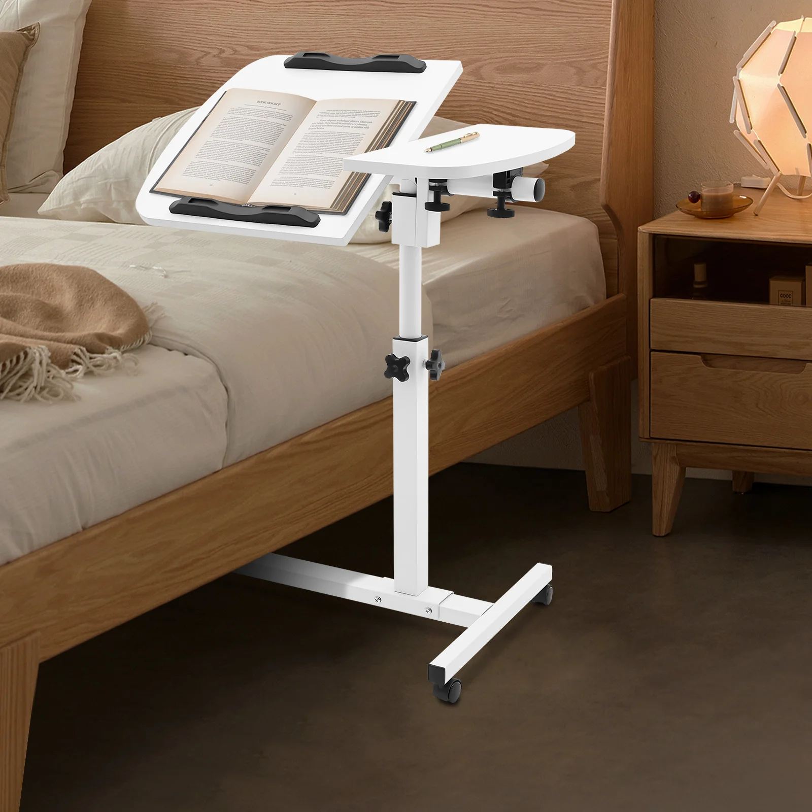 Laptop Desk Stand 360° Adjustable Tilting Overbed Table with Wheels Mobile Laptop Table Foldable Rolling Bedside Desk 60*40cm