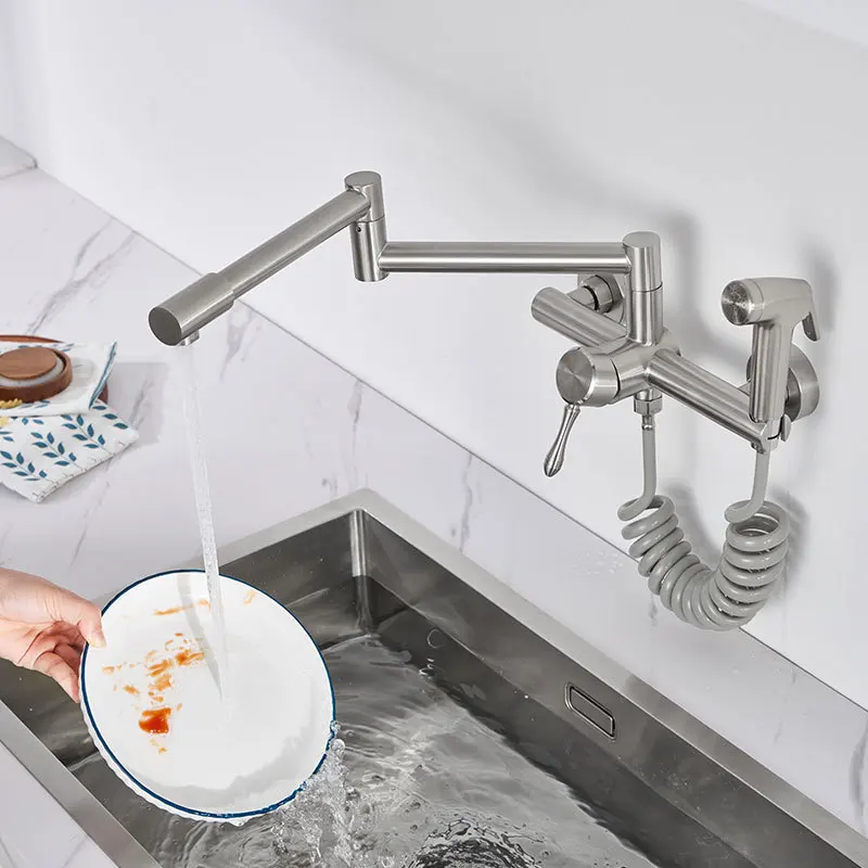 

Stainless steel wall type foldable kitchen sink hot and cold mixing valve household balcony pool faucet
