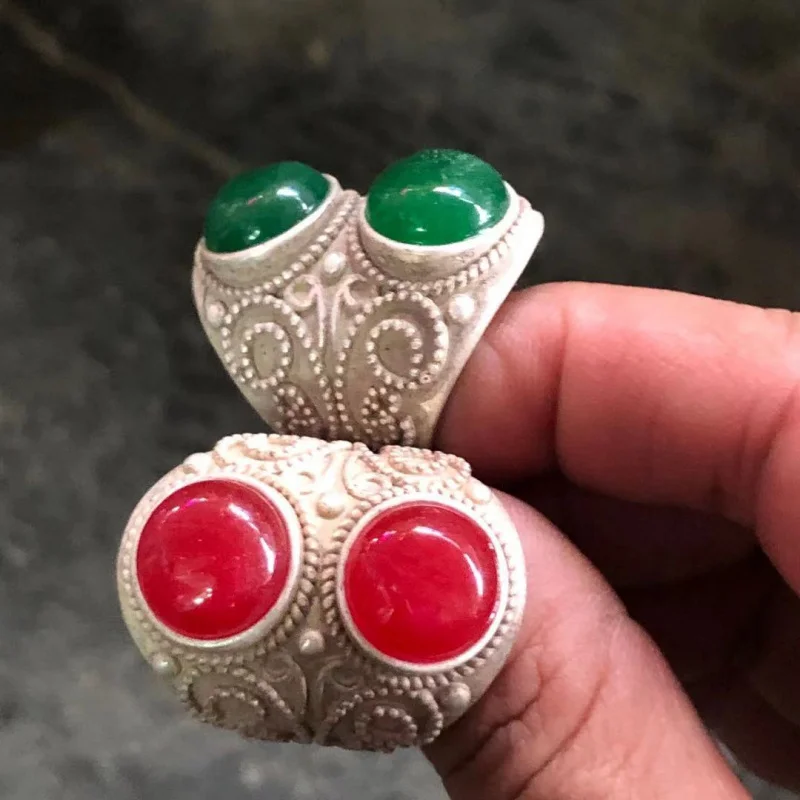 New Retro Color Tibetan Silver Inlaid Men's Telescopic Green Jade Ring