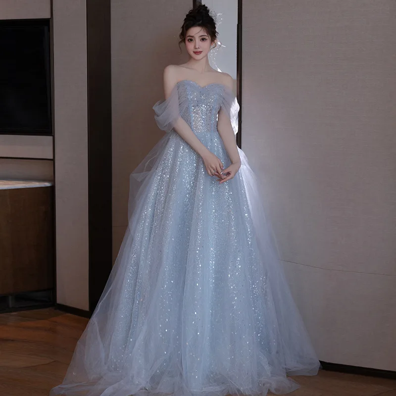 

Light Blue new host high set banquet temperament evening dress light luxury niche high-end party