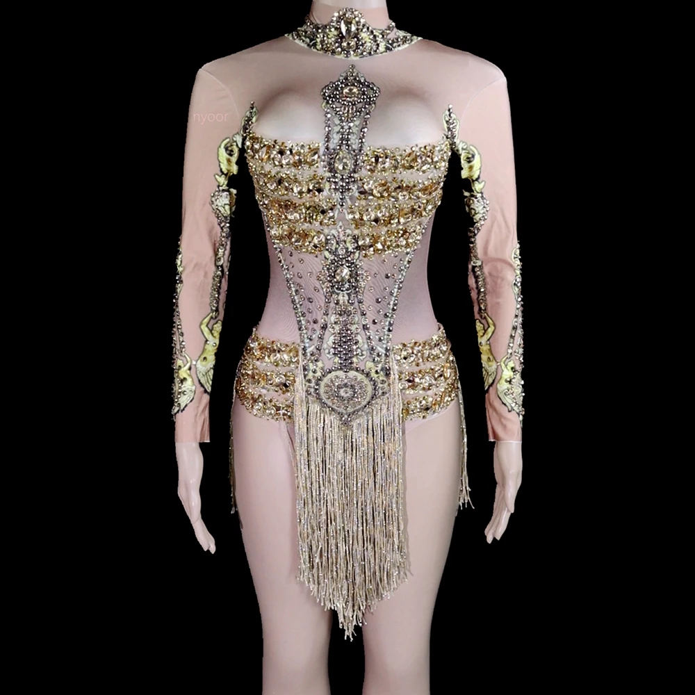 Sparkly Gold Rhinestones Tassel Bodysuit Women Performance Dance Costume Show Stage Wear Club Outfit Sexy Dancer Leotard