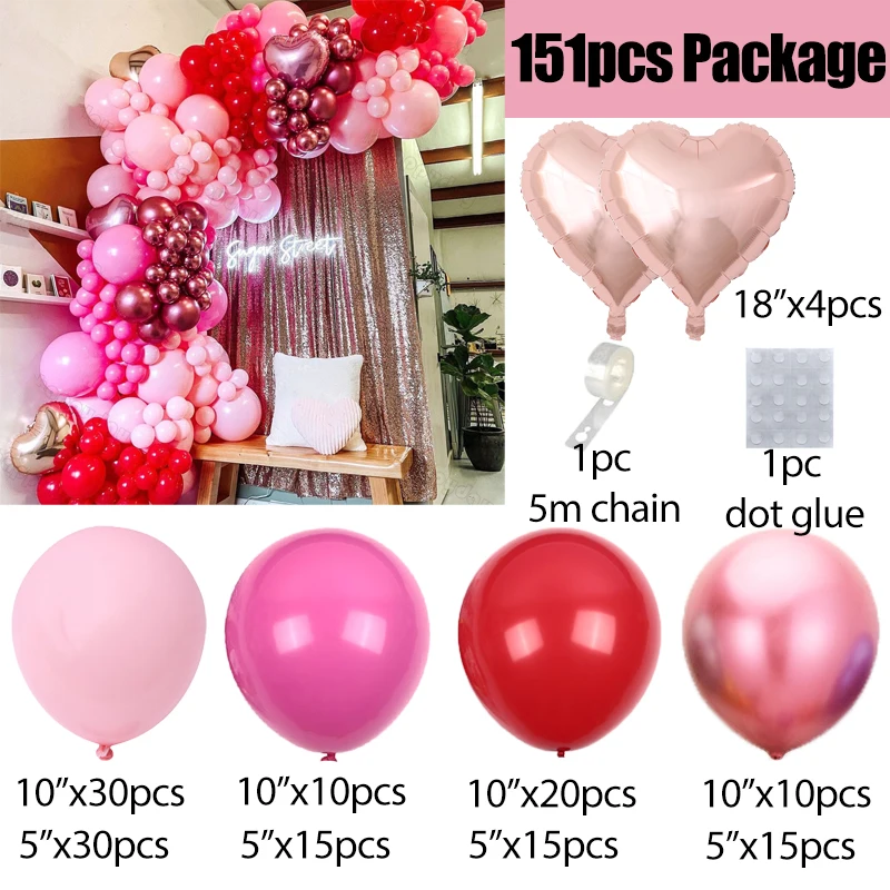 151Pcs Valentines Day Rose Red Pink Balloons Garland Heart Foil Balloon Bridal Party Supplies Anniversary Wedding Brithday Decor