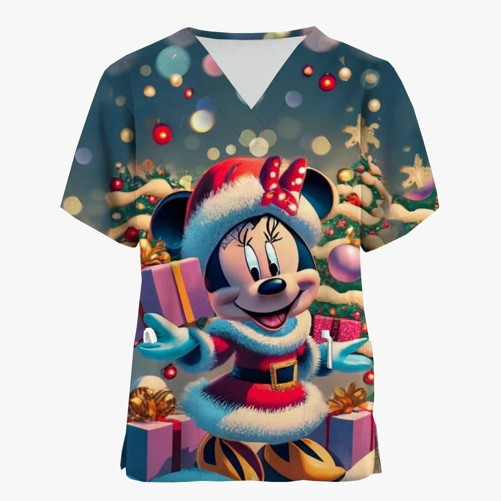 Kobiety Pielęgniarka Uniform T-Shirt Casual Disney Myszka Miki Minnie Wesołych Świąt Nadruk Krótki rękaw Wzorzysta bluzka robocza