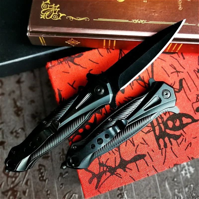 Cuchillo plegable de acero para exteriores, navaja afilada de bolsillo portátil, herramienta EDC de rescate, color negro, 9CR18MOV