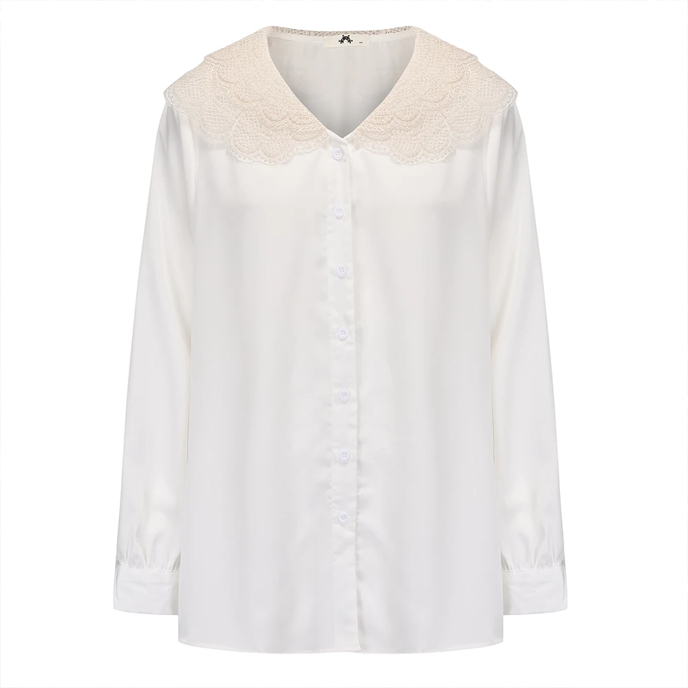 

Plus-size Women's Spring/Fall Casual Commute Loose comfortable shirt Lace doll collar white button-up long-sleeved shirt large