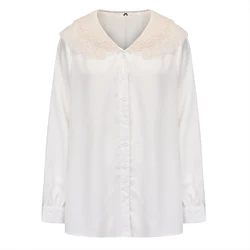 Plus-size Women's Spring/Fall Casual Commute Loose comfortable shirt Lace doll collar white button-up long-sleeved shirt large