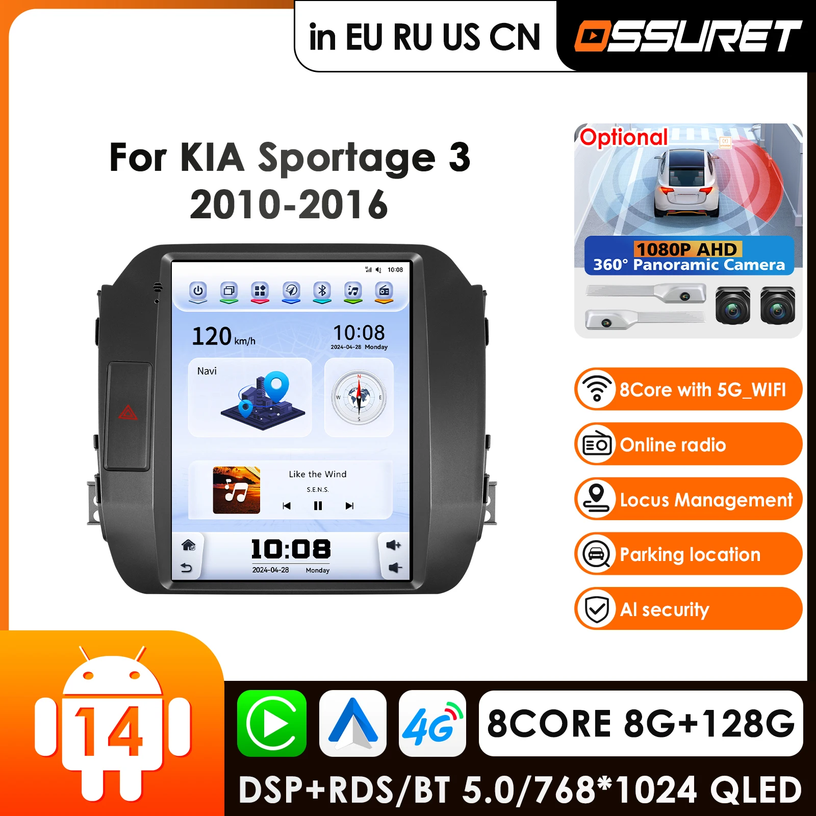 OSSURET Carplay 4G+WiFi 7862 DSP 2Din Android 14 Car Radio Multimedia Video Player GPS for KIA Sportage 3 2010-2016 Head Unit