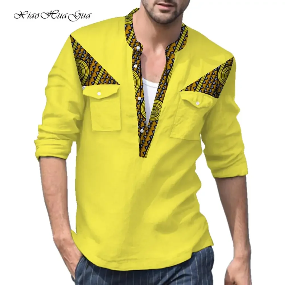 

African Dashiki Shirt Men Tops Long Sleeve T Shirts Causal V-neck Bazin Riche African Clothing African Clothes for Men WYN869