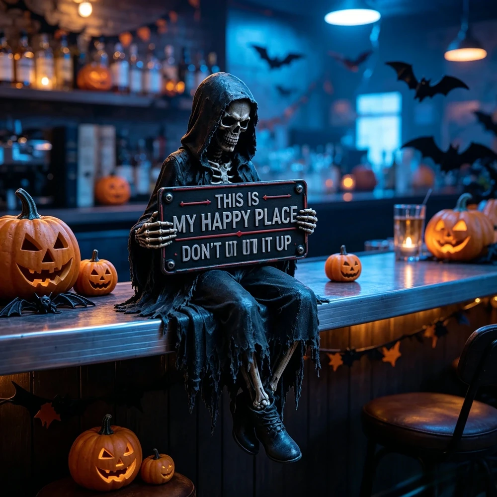 Funny Grim Reaper Skeleton Shelf Sitter Statue, Gothic Horror Resin Ornament, Halloween Home Tabletop Decor Festival Small Gift