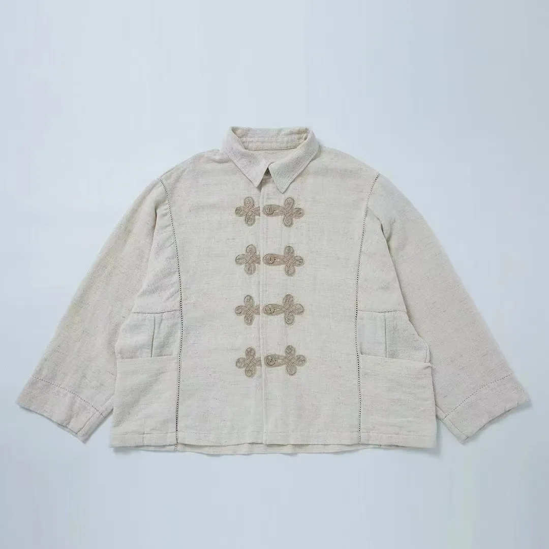 

Retro Cotton Linen Button Embroidered Lace Jaet Long Sve Regular Fit Commute Sle Pure Color Chinese Brand Liutu