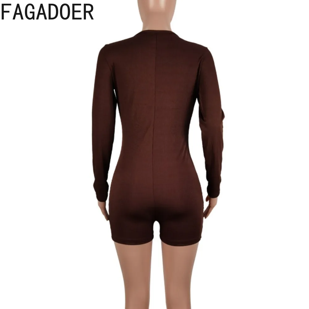 FAGADOER Brown Rib Autumn Winter New One Pieces Bodycon Rompers Women Long Sleeves Buttons Skinny Sport Streetwear Jumpsuits