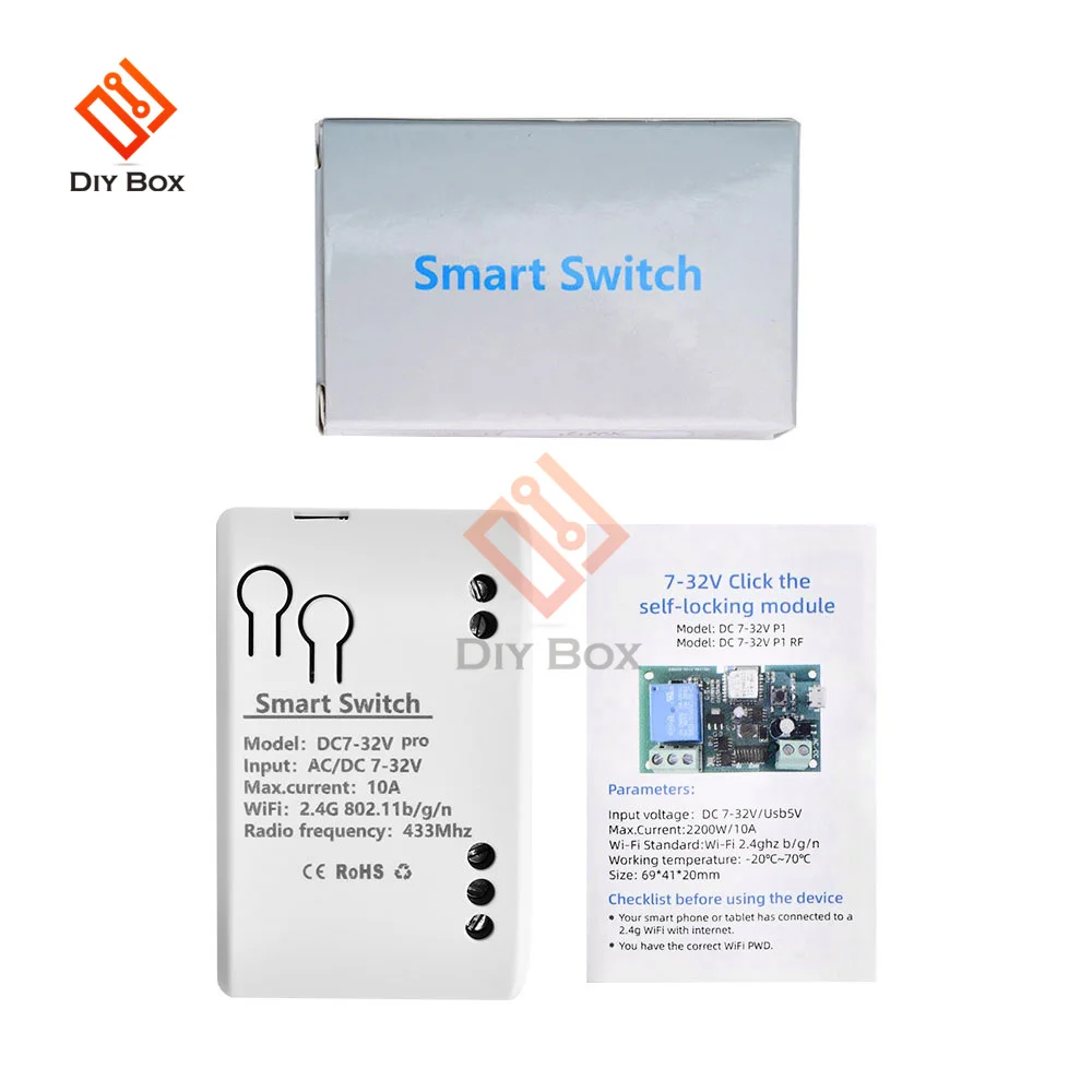 E-Welink Smart WiFi Motor Switch Module, 1 Canais Inching Relé, Rádio Controle Remoto, DC 7-32V, RF 433