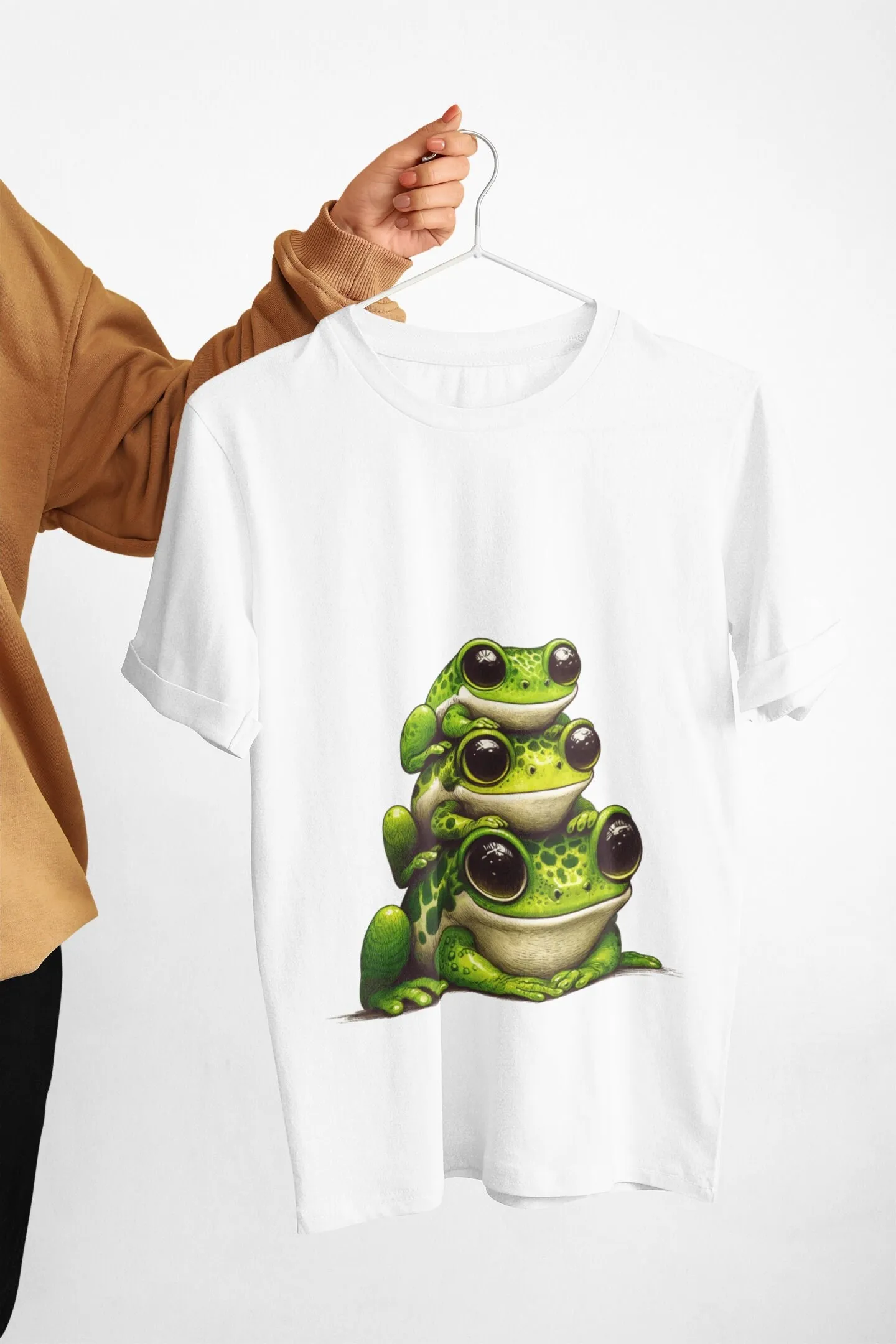 Whimsical Stacked Frogs T Shirt Top Comical Pyramid Frog Illustration Unique Animal Art for Lovers