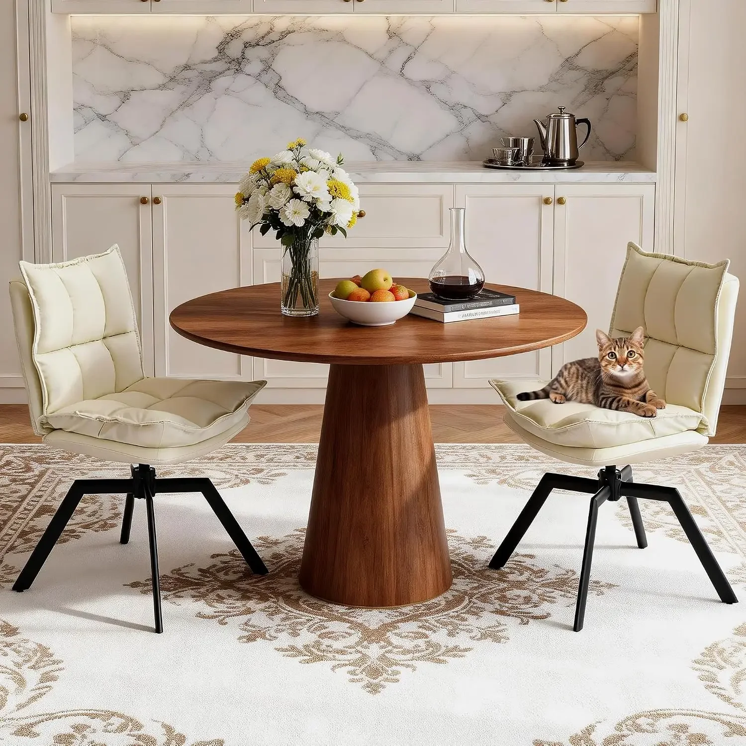 Swivel Dining Chairs Set 2,Mid-Century Modern PU Upholstered with 360°AUTO Swivel Metal Legs,Suitable for Dining Rooms, Living R